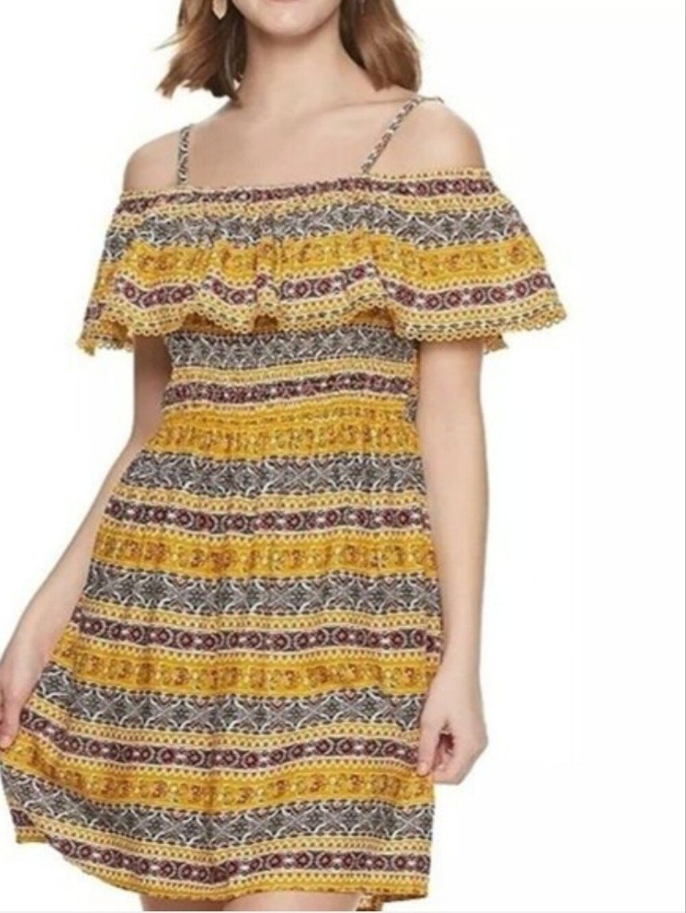 Lily Rose NWT Off Shoulder Boho Dress Mustard Yellow Print Size Medium